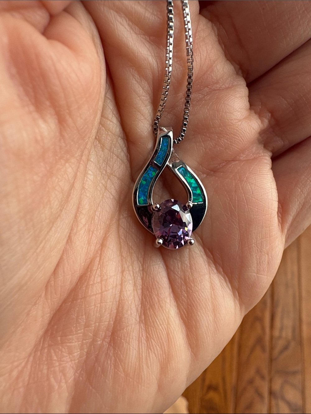 ✨ Lab Fire Opal & Purple Amethyst Teardrop Silver Pendant Necklace Gift Bag